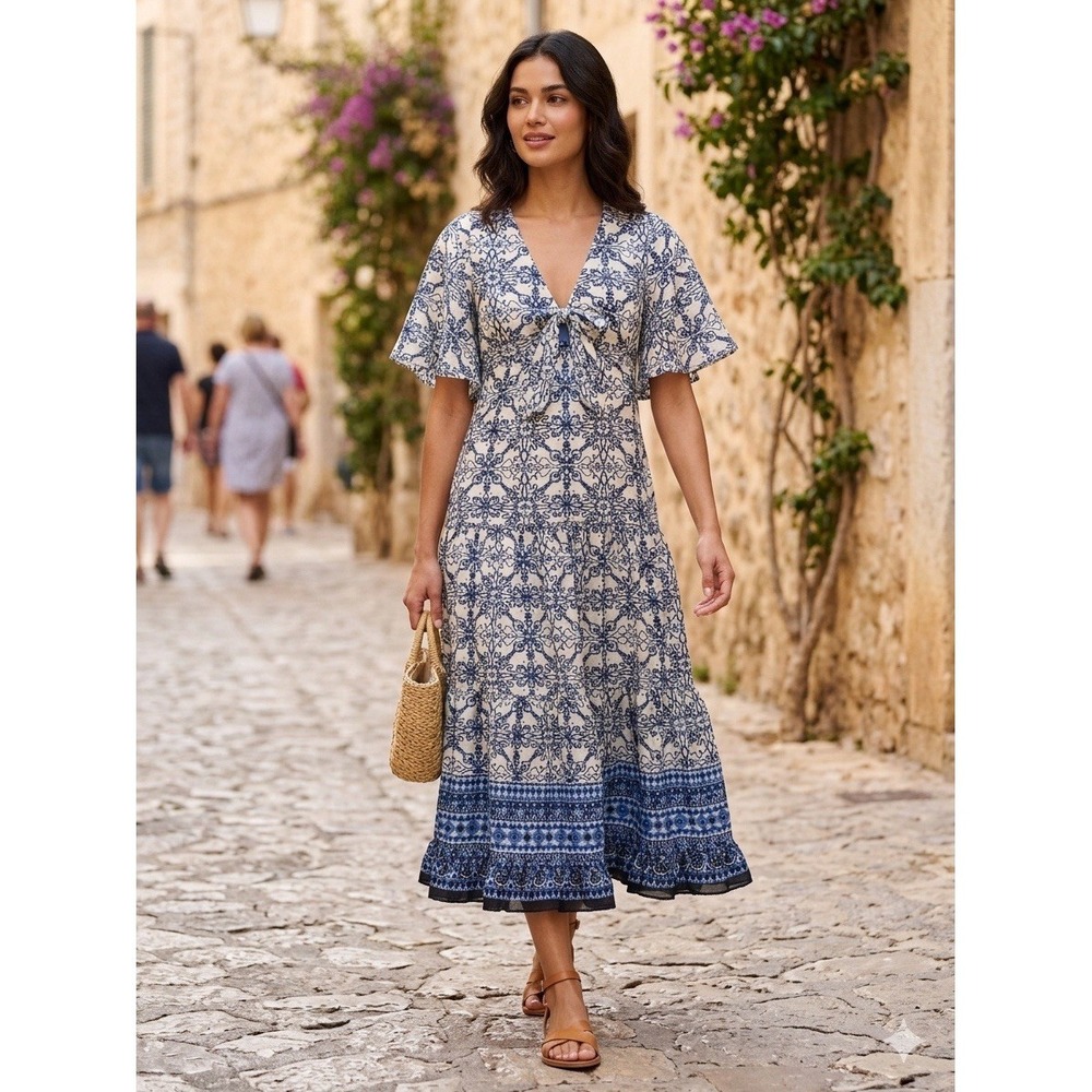 Blue Floral Tie-Front Midi Dress